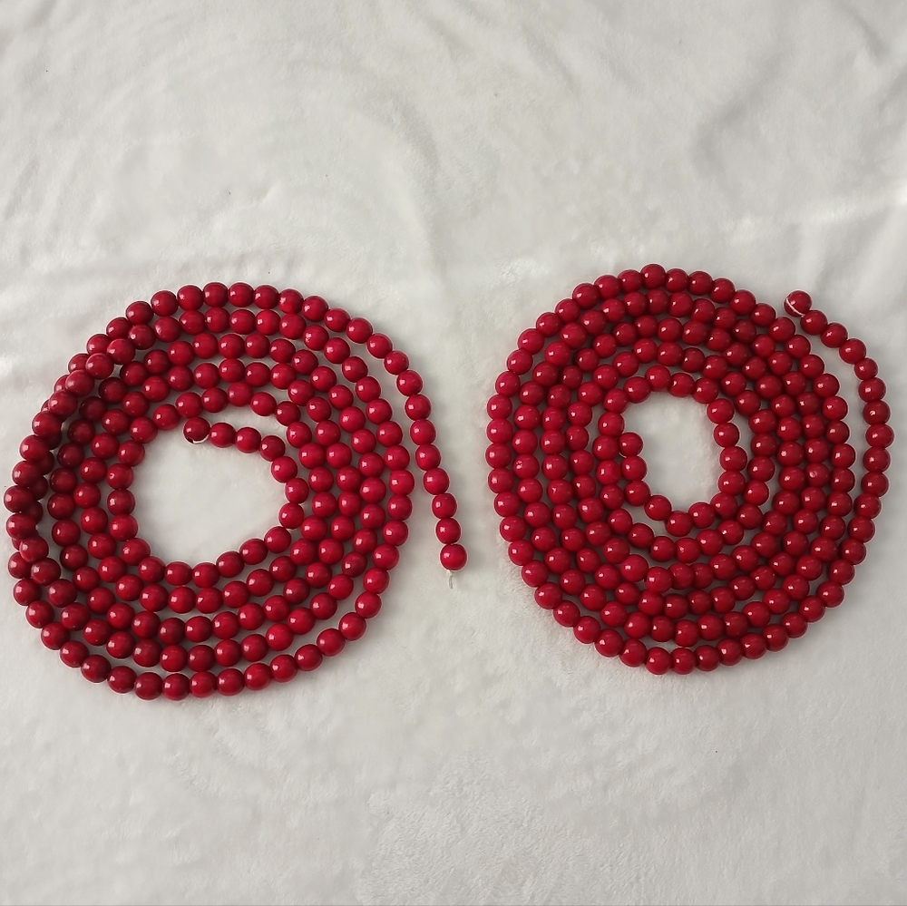 Christmas Red Wooden Bead Garland 9Ft  Set Of 2 Pieces